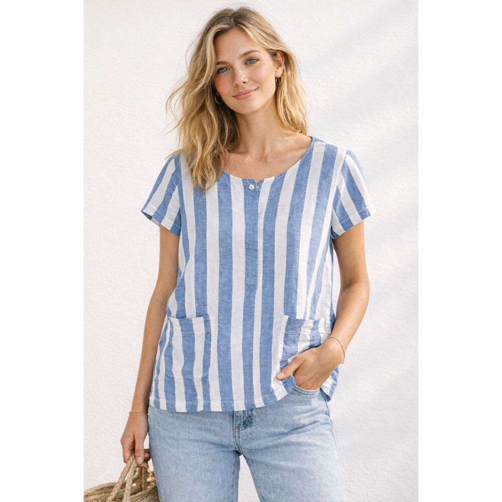 J.Crew Blue & White Striped Popover Cotton Pocket Top - Picture 3 of 9